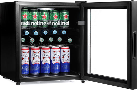 Mini Fridge 50L with Glass Door – Quiet Drinks & Beer Cooler with LED Light | Compact Small Fridge for Bedrooms, Gaming Rooms, Man Caves, Offices & Home Bars – Energy Efficient