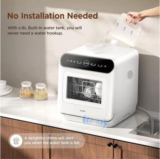 Mini Plus Dishwasher Compact Table Top Countertop Dishwasher with Built-in 6L Water Tank, Hygiene Wash, Auto Door Open Drying, Energy Class D - White