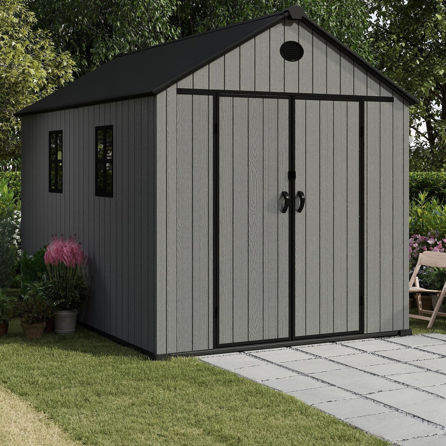 Pro Grade 6ft x 10ft Premium Plastic Double Door Garden Shed - Grey Wood Touch Texture