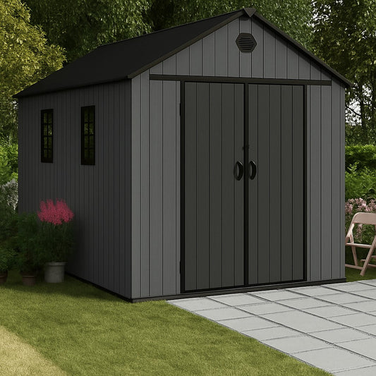 Pro Grade 6ft x 10ft Premium Plastic Double Door Garden Shed - Graphite Grey Wood Touch Texture