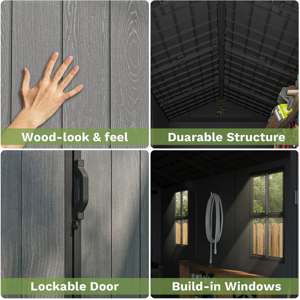 Pro Grade 6ft x 10ft Premium Plastic Double Door Garden Shed - Grey Wood Touch Texture