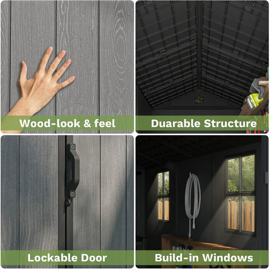 Pro Grade 6ft x 10ft Premium Plastic Double Door Garden Shed - Grey Wood Touch Texture