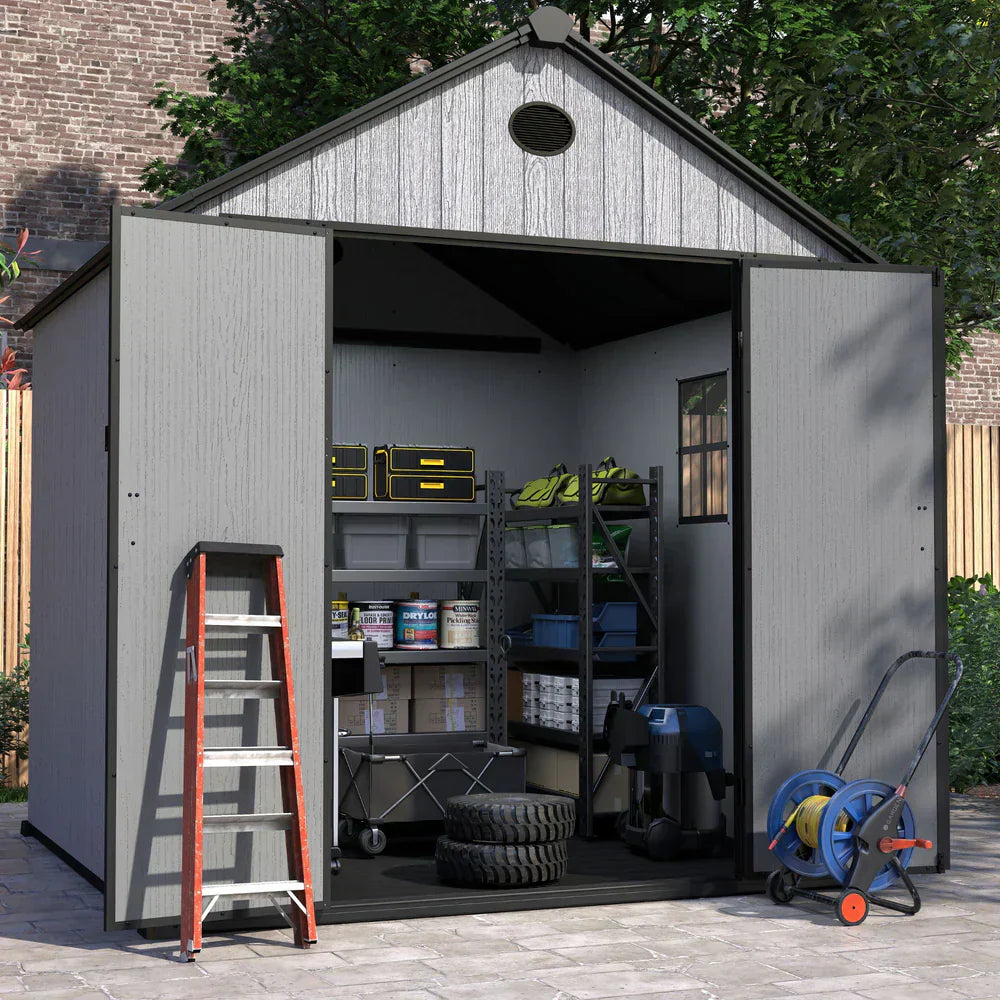 Pro Grade 6ft x 5ft Premium Plastic Double Door Garden Shed - Grey/Anthracite Wood Touch Texture